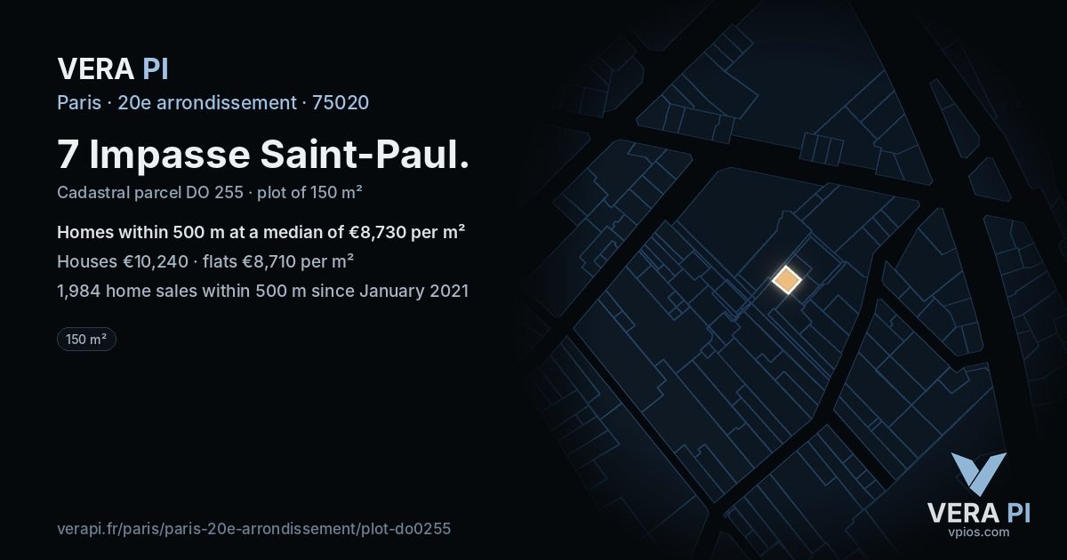 7 Impasse Saint-Paul, 20e arrondissement at night – the plot lit, the parcels around coloured by the prices near them