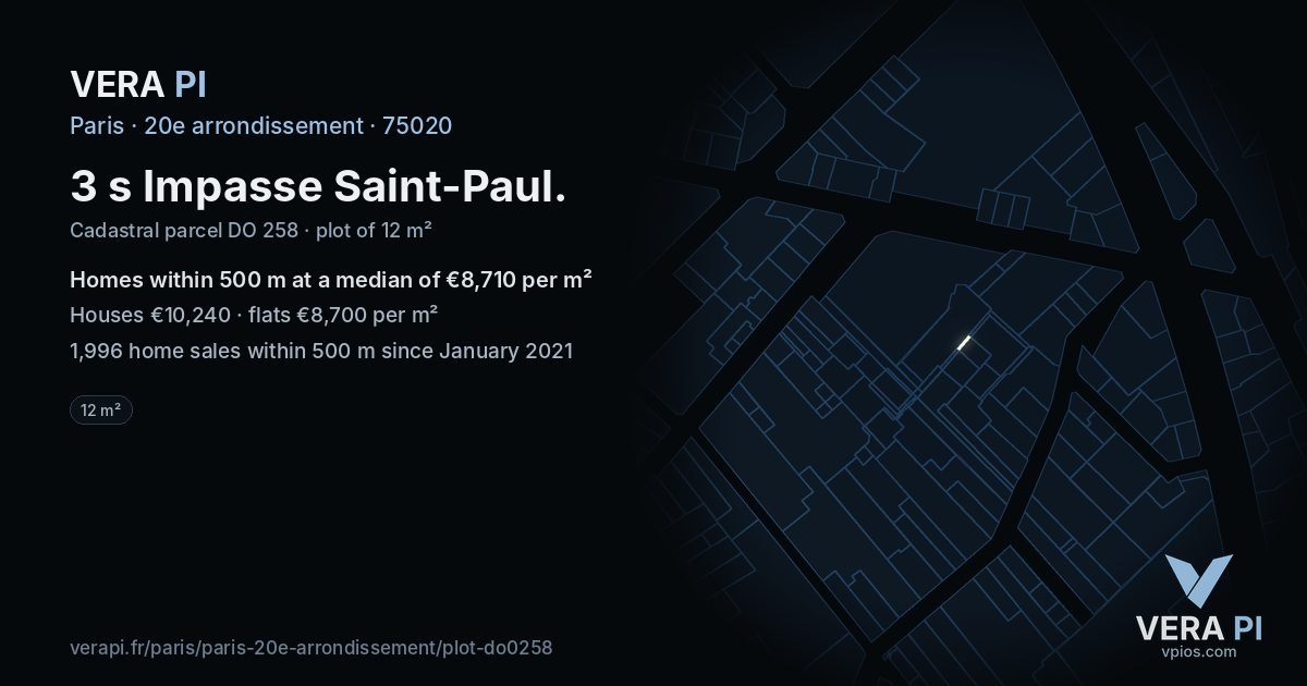 3 s Impasse Saint-Paul, 20e arrondissement at night – the plot lit, the parcels around coloured by the prices near them