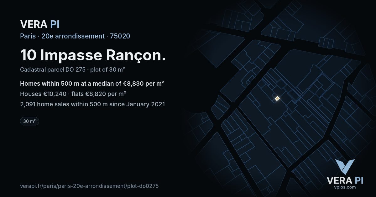 10 Impasse Rançon, 20e arrondissement at night – the plot lit, the parcels around coloured by the prices near them