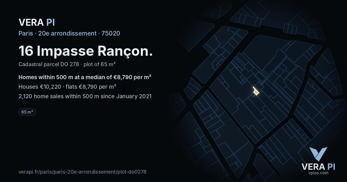 16 Impasse Rançon, 20e arrondissement at night – the plot lit, the parcels around coloured by the prices near them