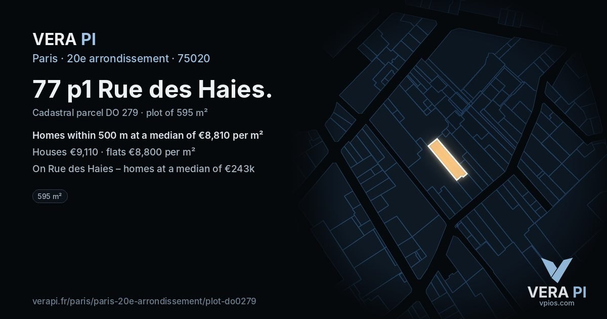 77 p1 Rue des Haies, 20e arrondissement at night – the plot lit, the parcels around coloured by the prices near them