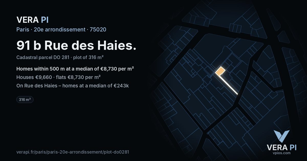 91 b Rue des Haies, 20e arrondissement at night – the plot lit, the parcels around coloured by the prices near them