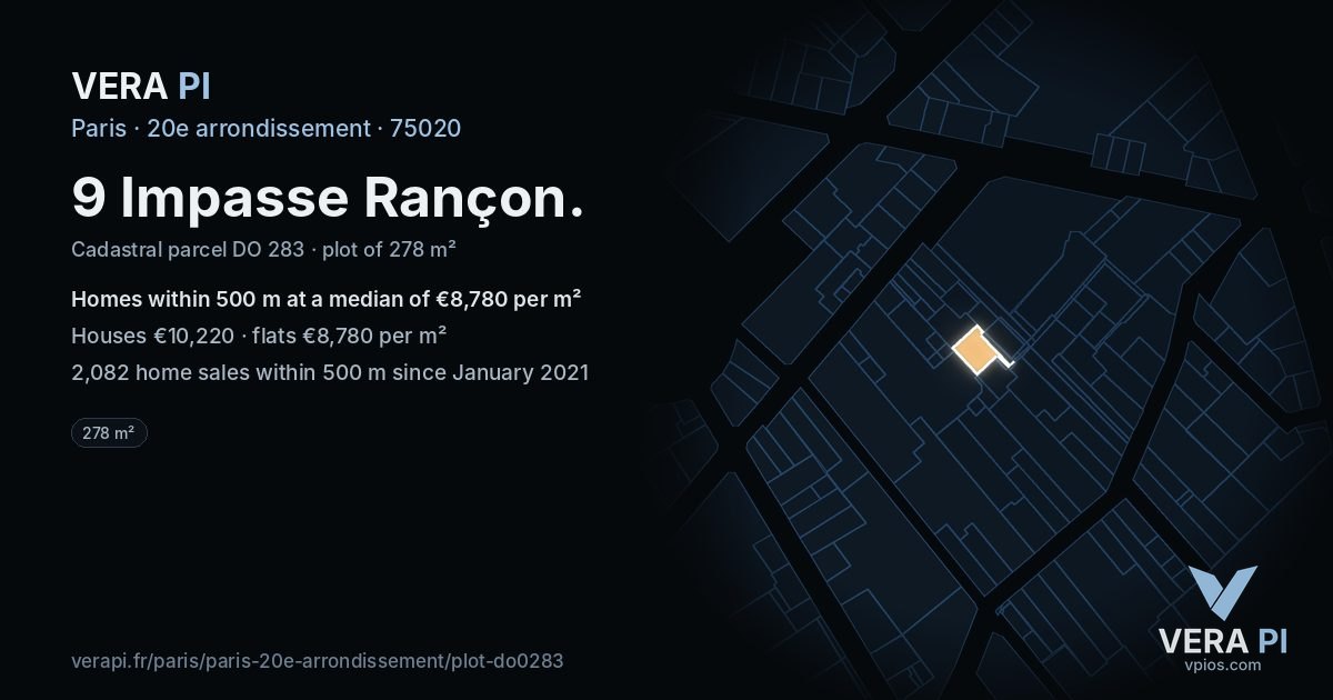 9 Impasse Rançon, 20e arrondissement at night – the plot lit, the parcels around coloured by the prices near them