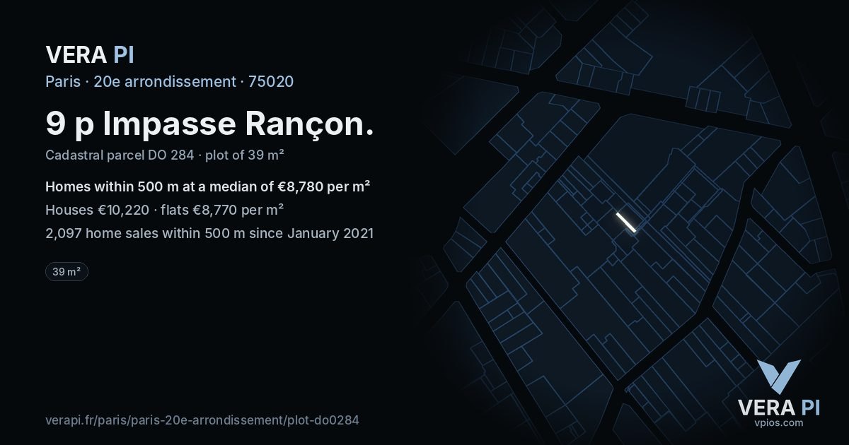 9 p Impasse Rançon, 20e arrondissement at night – the plot lit, the parcels around coloured by the prices near them