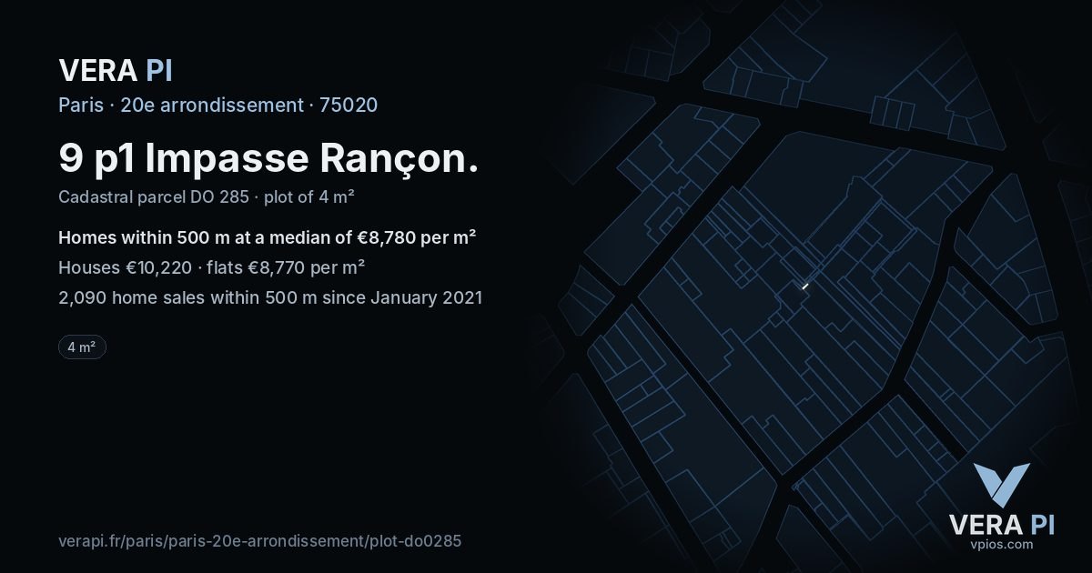 9 p1 Impasse Rançon, 20e arrondissement at night – the plot lit, the parcels around coloured by the prices near them