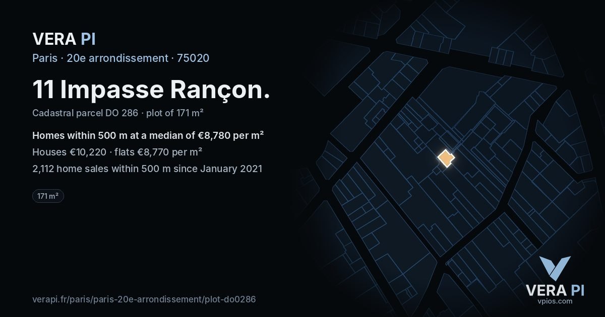 11 Impasse Rançon, 20e arrondissement at night – the plot lit, the parcels around coloured by the prices near them