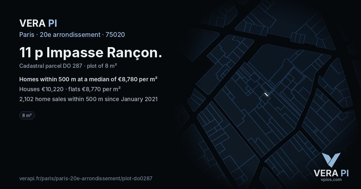 11 p Impasse Rançon, 20e arrondissement at night – the plot lit, the parcels around coloured by the prices near them