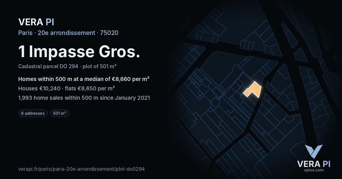 1 Impasse Gros, 20e arrondissement at night – the plot lit, the parcels around coloured by the prices near them