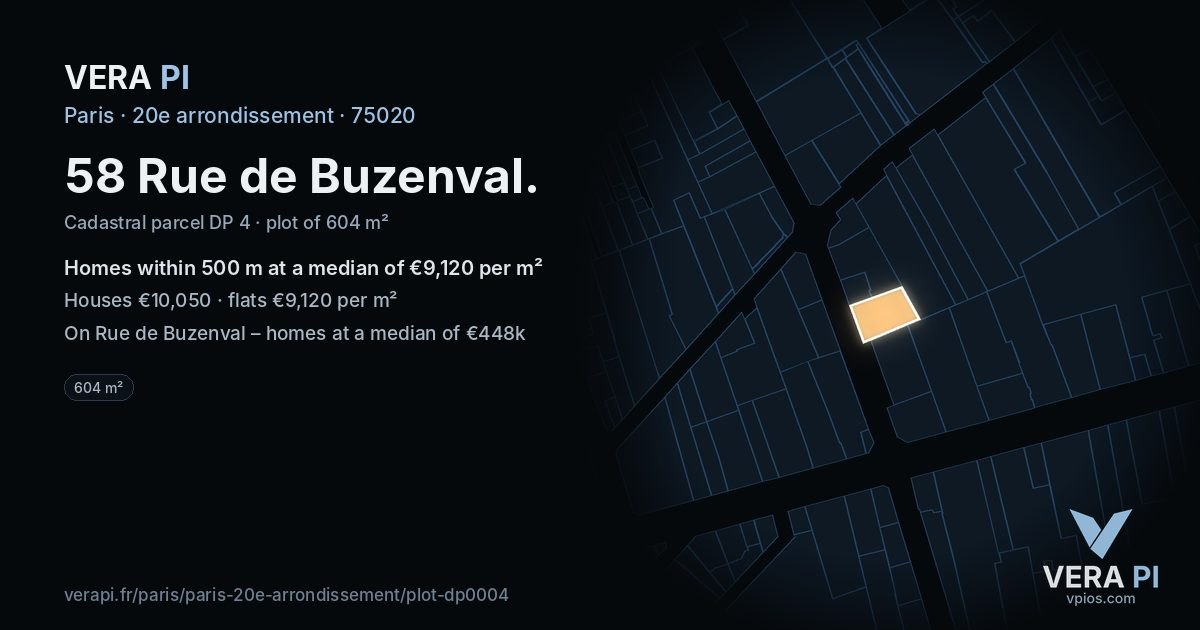 58 Rue de Buzenval, 20e arrondissement at night – the plot lit, the parcels around coloured by the prices near them