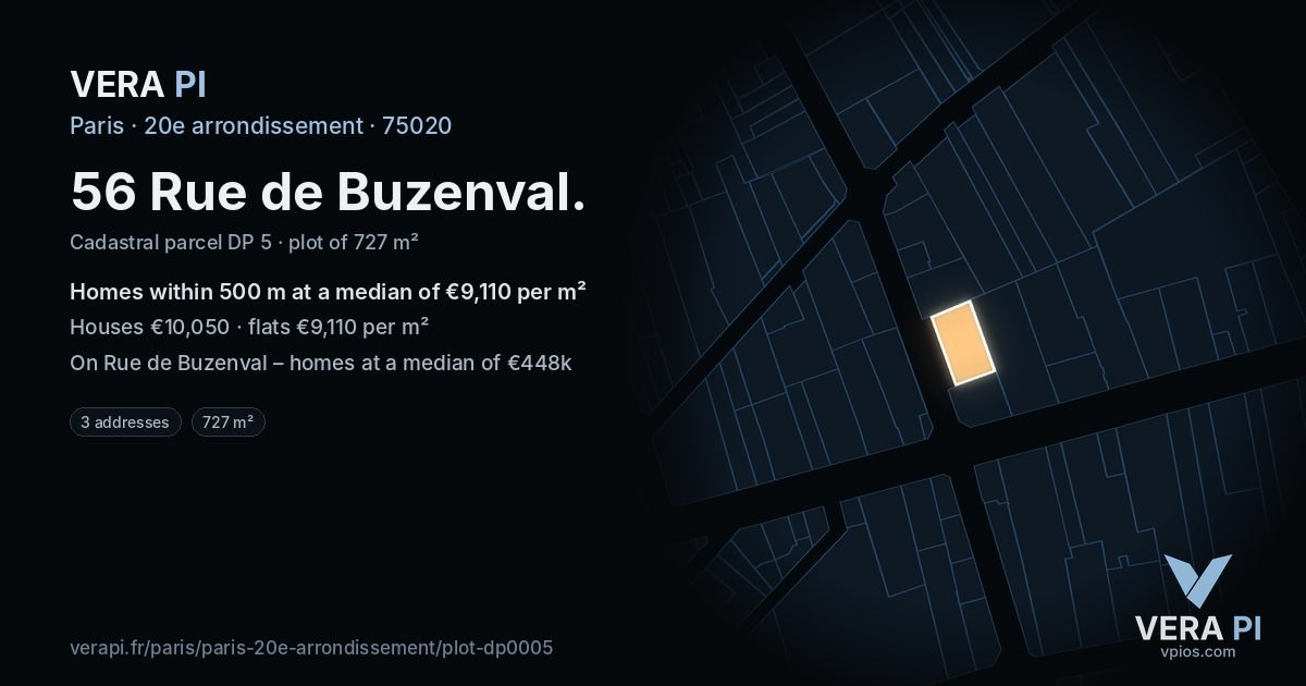 56 Rue de Buzenval, 20e arrondissement at night – the plot lit, the parcels around coloured by the prices near them