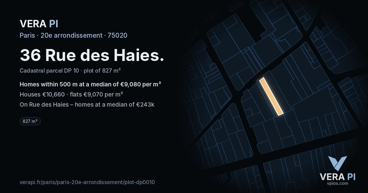 36 Rue des Haies, 20e arrondissement at night – the plot lit, the parcels around coloured by the prices near them