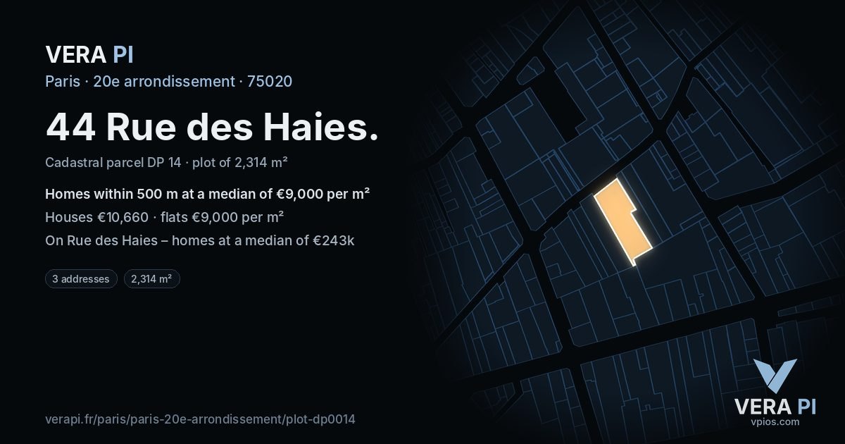 44 Rue des Haies, 20e arrondissement at night – the plot lit, the parcels around coloured by the prices near them
