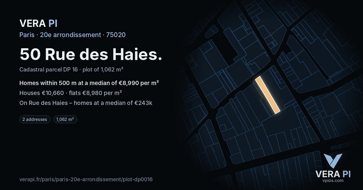 50 Rue des Haies, 20e arrondissement at night – the plot lit, the parcels around coloured by the prices near them