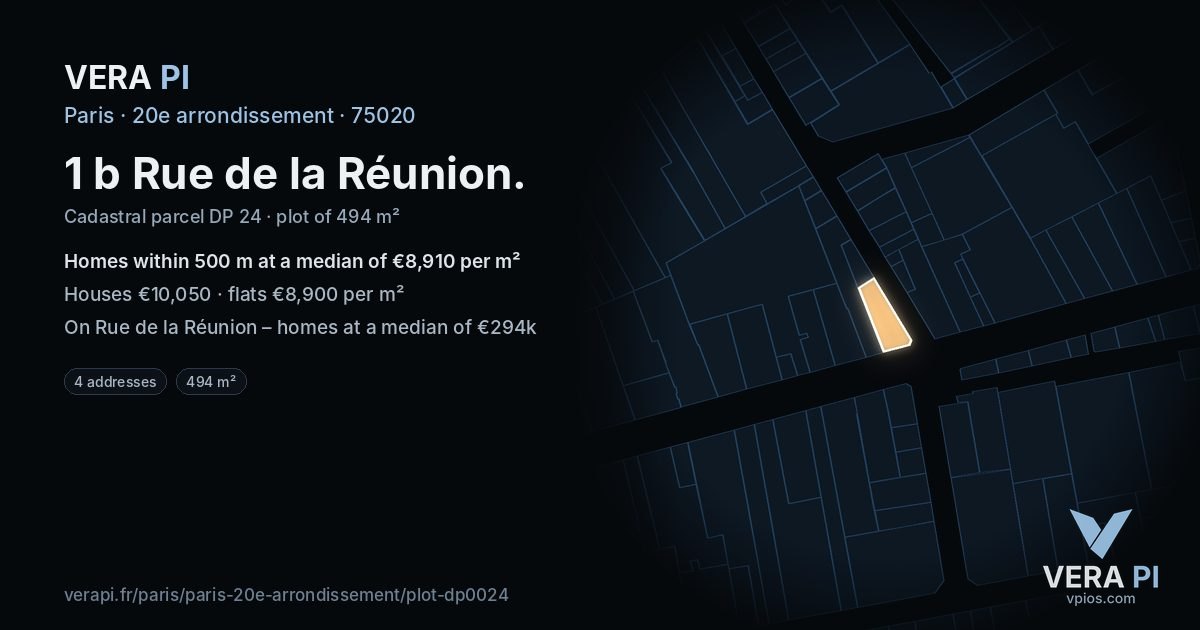 1 b Rue de la Réunion, 20e arrondissement at night – the plot lit, the parcels around coloured by the prices near them