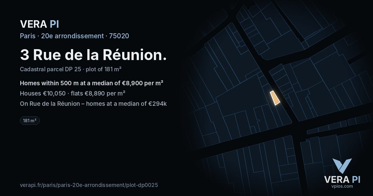 3 Rue de la Réunion, 20e arrondissement at night – the plot lit, the parcels around coloured by the prices near them