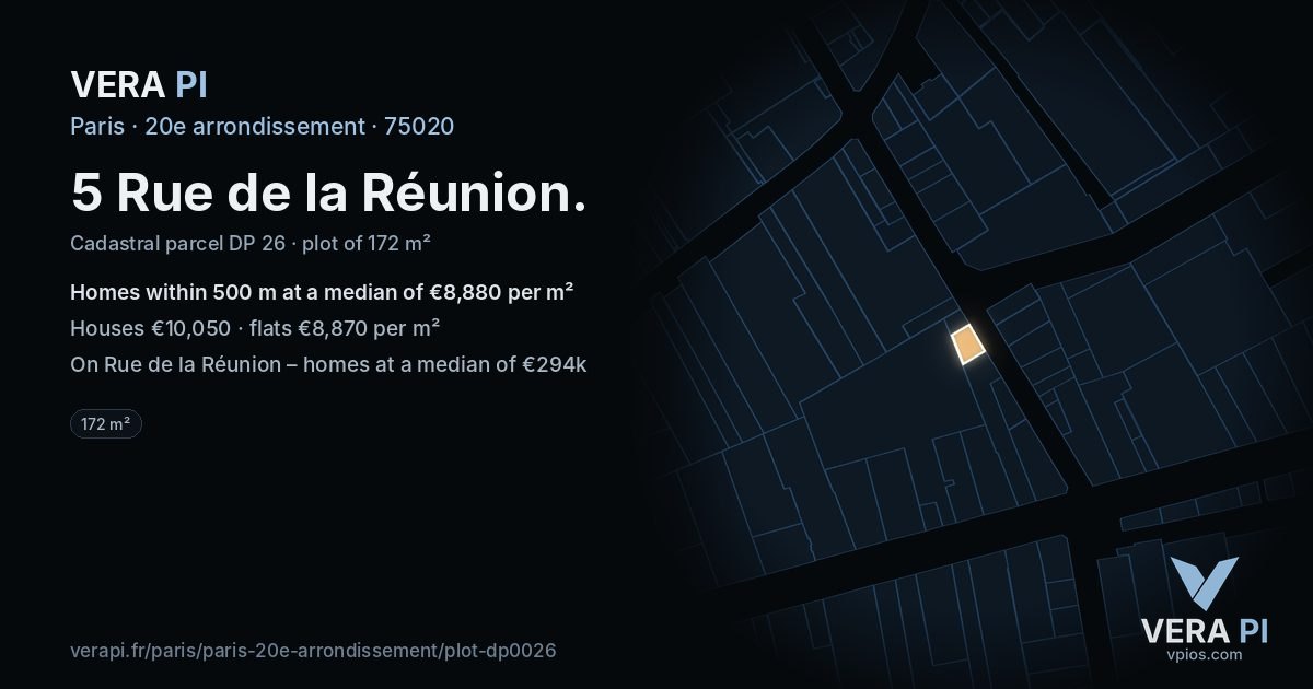 5 Rue de la Réunion, 20e arrondissement at night – the plot lit, the parcels around coloured by the prices near them