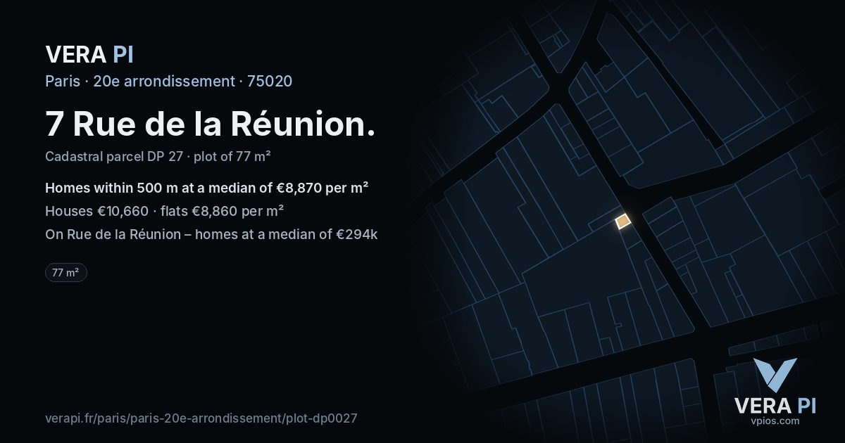7 Rue de la Réunion, 20e arrondissement at night – the plot lit, the parcels around coloured by the prices near them