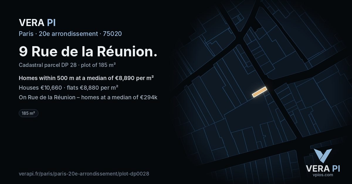 9 Rue de la Réunion, 20e arrondissement at night – the plot lit, the parcels around coloured by the prices near them