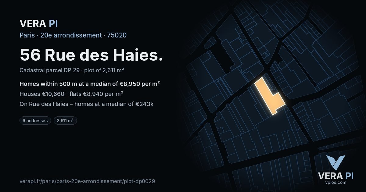 56 Rue des Haies, 20e arrondissement at night – the plot lit, the parcels around coloured by the prices near them