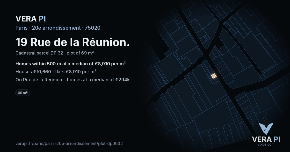 19 Rue de la Réunion, 20e arrondissement at night – the plot lit, the parcels around coloured by the prices near them