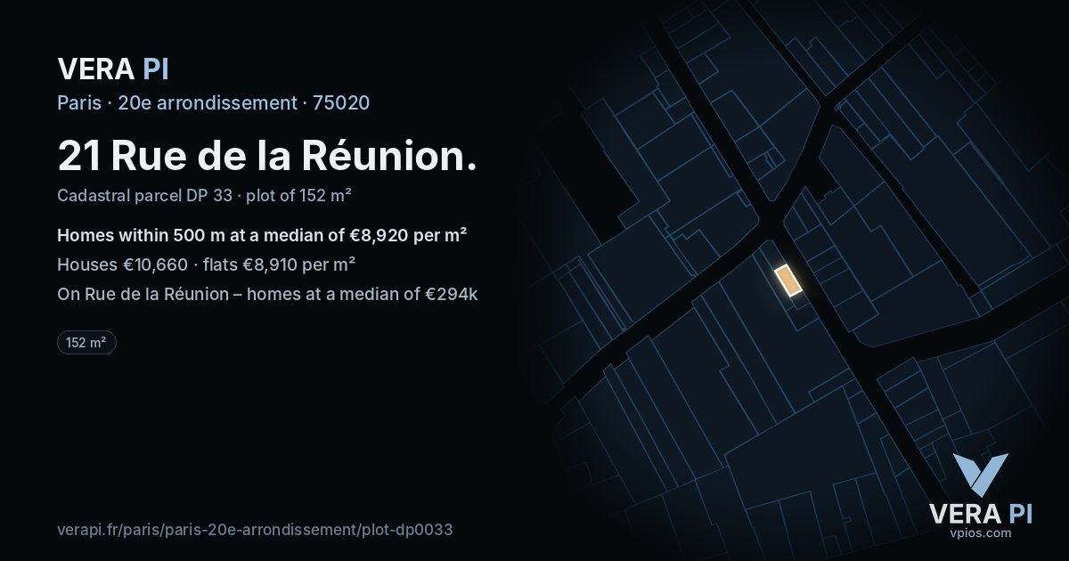 21 Rue de la Réunion, 20e arrondissement at night – the plot lit, the parcels around coloured by the prices near them