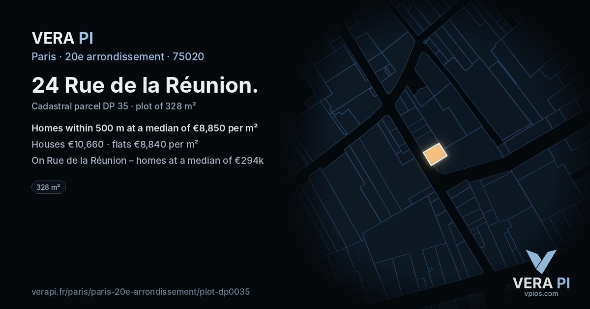 24 Rue de la Réunion, 20e arrondissement at night – the plot lit, the parcels around coloured by the prices near them