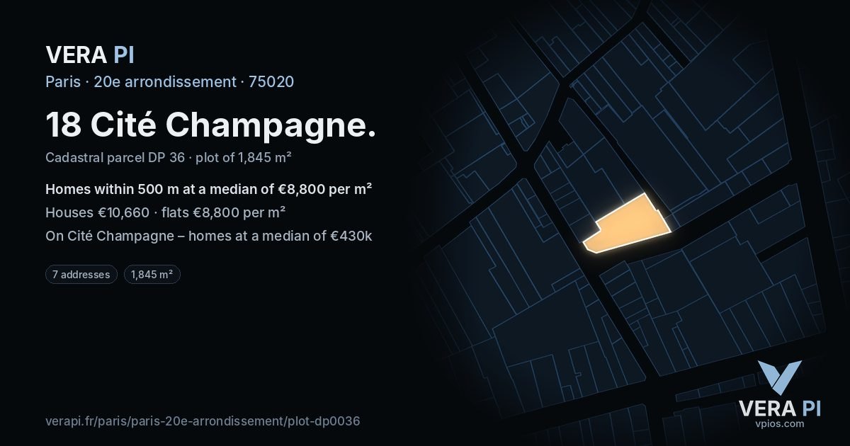 18 Cité Champagne, 20e arrondissement at night – the plot lit, the parcels around coloured by the prices near them