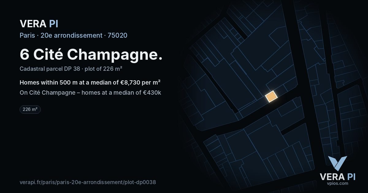 6 Cité Champagne, 20e arrondissement at night – the plot lit, the parcels around coloured by the prices near them