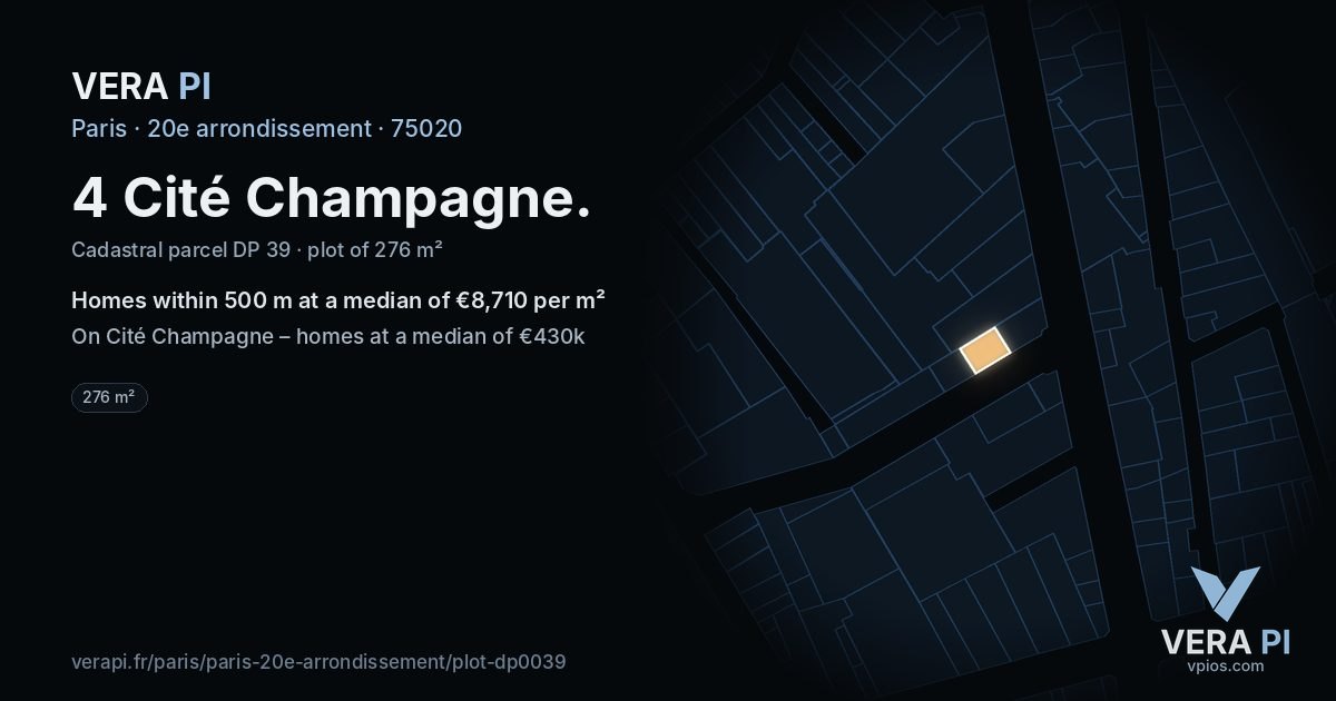 4 Cité Champagne, 20e arrondissement at night – the plot lit, the parcels around coloured by the prices near them