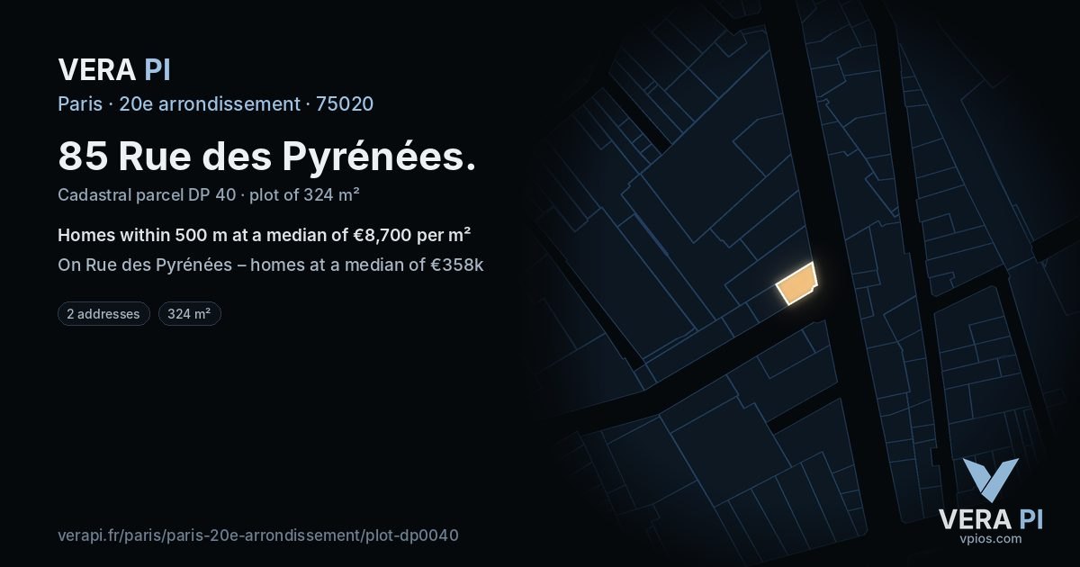 85 Rue des Pyrénées, 20e arrondissement at night – the plot lit, the parcels around coloured by the prices near them