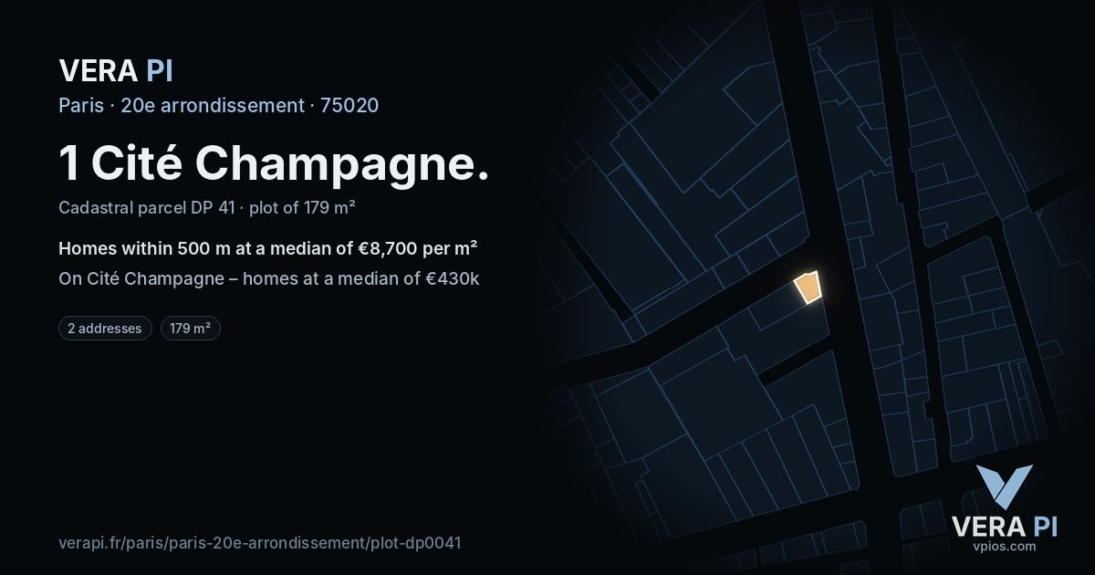 1 Cité Champagne, 20e arrondissement at night – the plot lit, the parcels around coloured by the prices near them