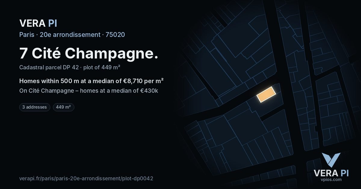 7 Cité Champagne, 20e arrondissement at night – the plot lit, the parcels around coloured by the prices near them