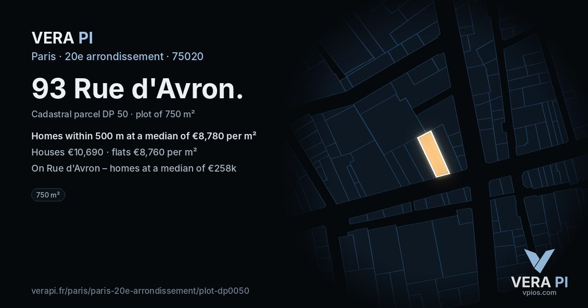 93 Rue d'Avron, 20e arrondissement at night – the plot lit, the parcels around coloured by the prices near them