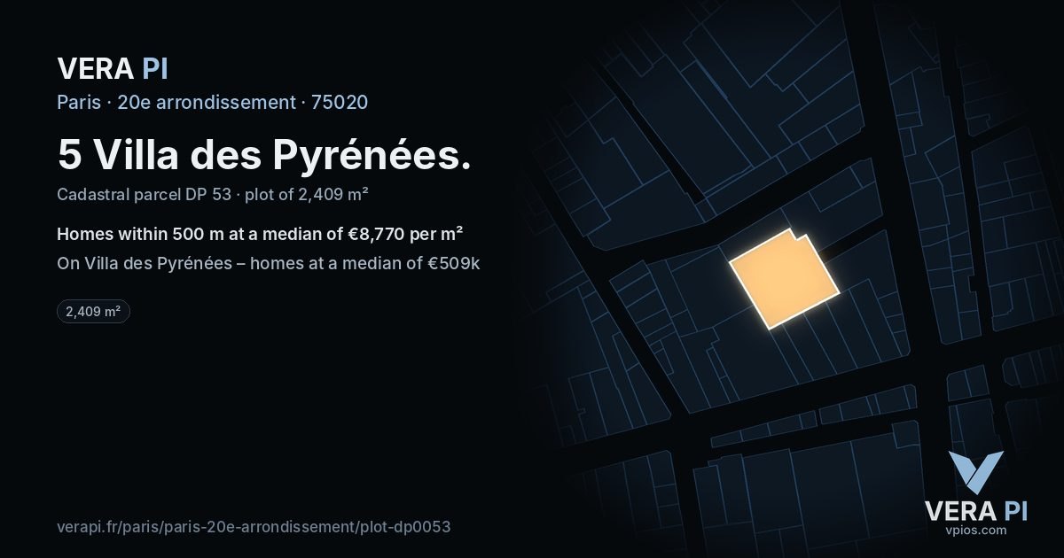 5 Villa des Pyrénées, 20e arrondissement at night – the plot lit, the parcels around coloured by the prices near them
