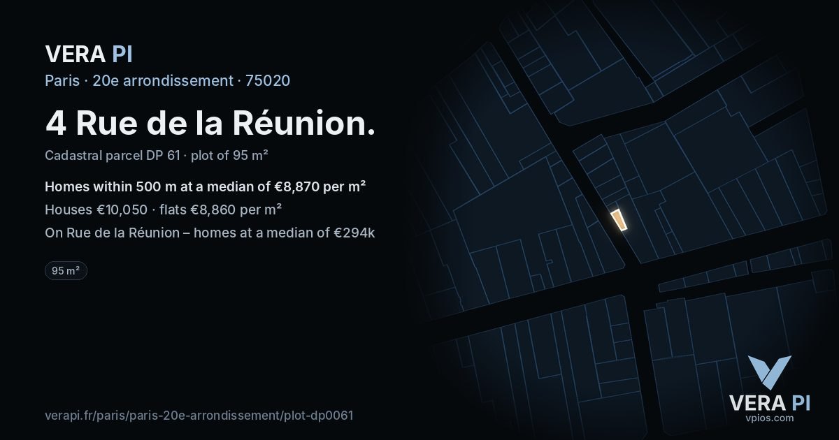 4 Rue de la Réunion, 20e arrondissement at night – the plot lit, the parcels around coloured by the prices near them