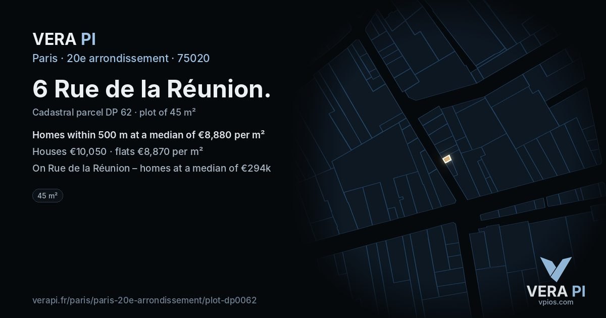 6 Rue de la Réunion, 20e arrondissement at night – the plot lit, the parcels around coloured by the prices near them