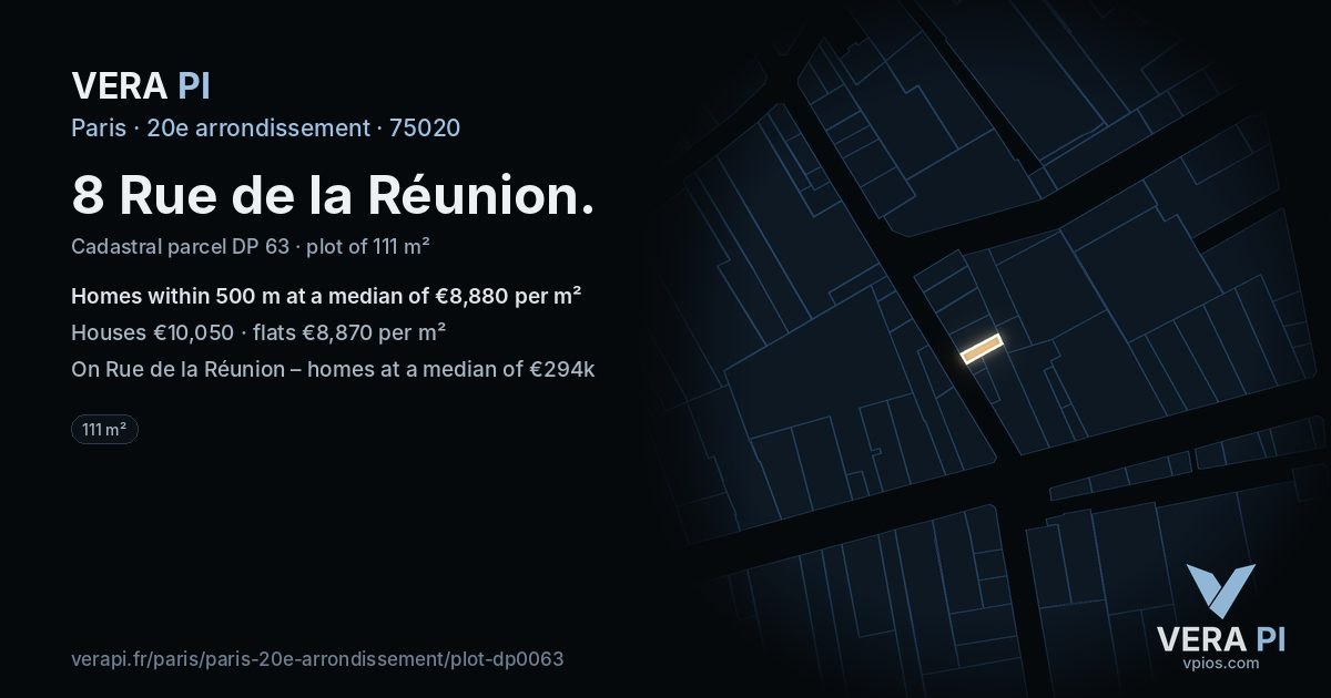 8 Rue de la Réunion, 20e arrondissement at night – the plot lit, the parcels around coloured by the prices near them