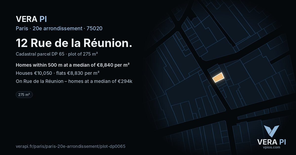 12 Rue de la Réunion, 20e arrondissement at night – the plot lit, the parcels around coloured by the prices near them