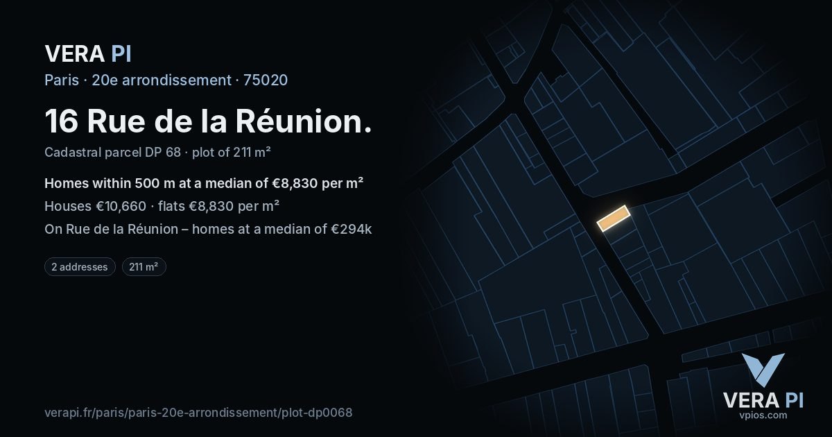 16 Rue de la Réunion, 20e arrondissement at night – the plot lit, the parcels around coloured by the prices near them