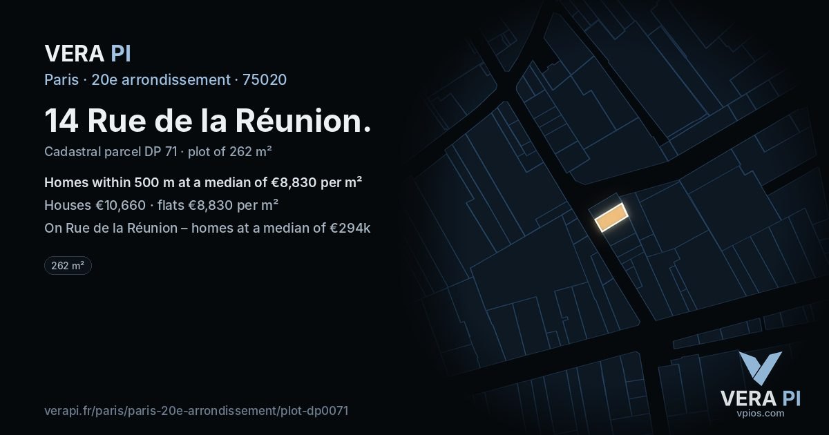 14 Rue de la Réunion, 20e arrondissement at night – the plot lit, the parcels around coloured by the prices near them
