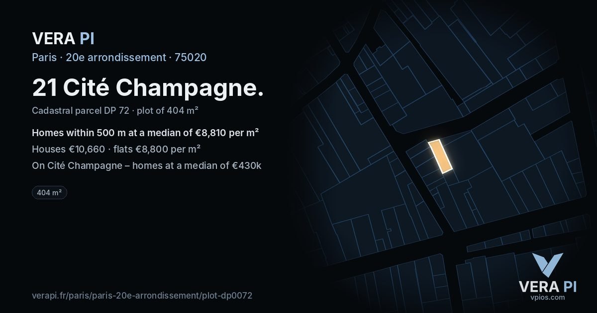 21 Cité Champagne, 20e arrondissement at night – the plot lit, the parcels around coloured by the prices near them