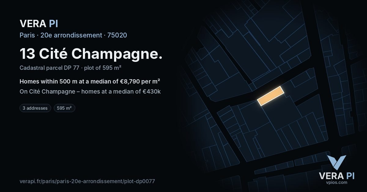 13 Cité Champagne, 20e arrondissement at night – the plot lit, the parcels around coloured by the prices near them