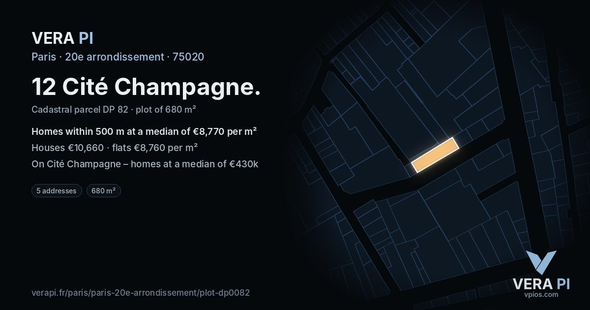12 Cité Champagne, 20e arrondissement at night – the plot lit, the parcels around coloured by the prices near them