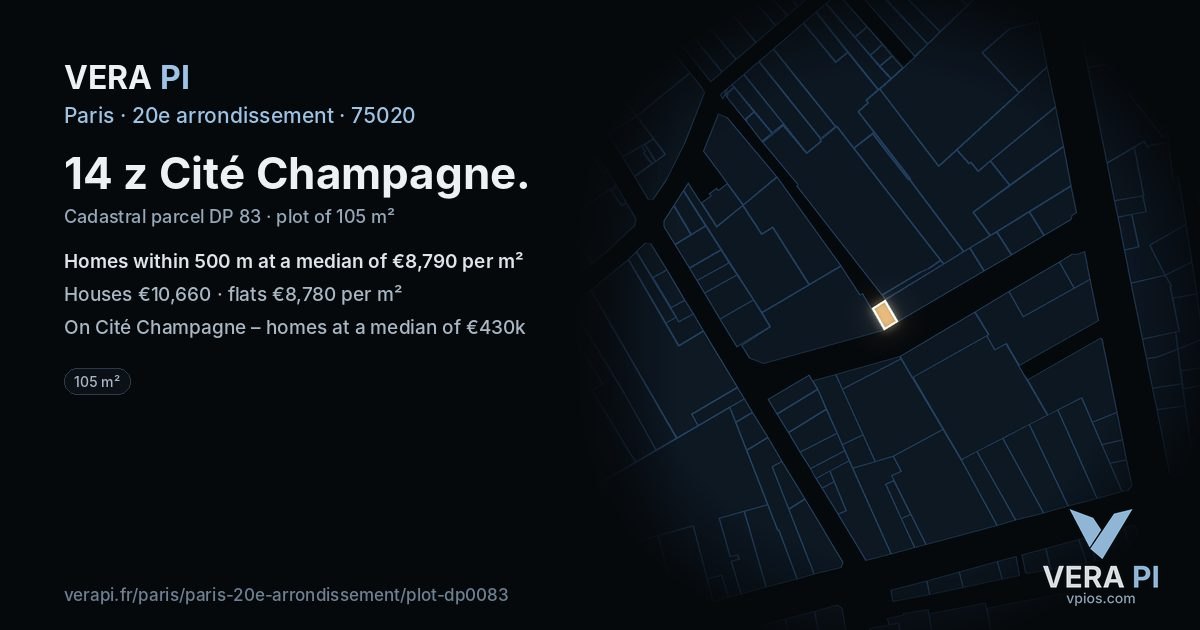 14 z Cité Champagne, 20e arrondissement at night – the plot lit, the parcels around coloured by the prices near them