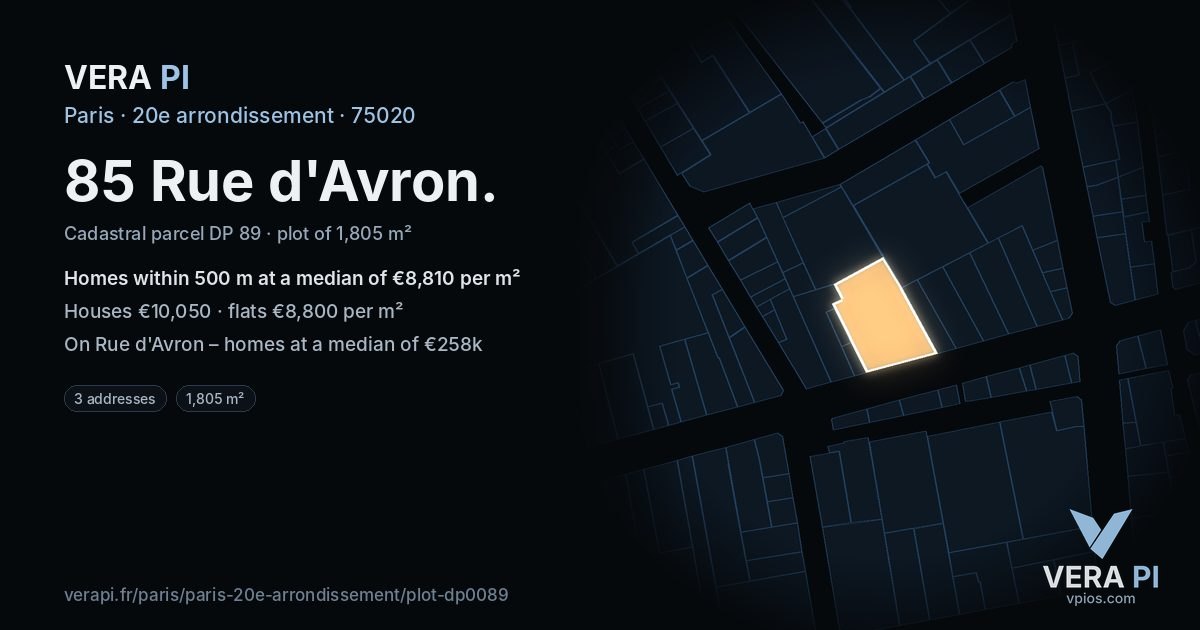 85 Rue d'Avron, 20e arrondissement at night – the plot lit, the parcels around coloured by the prices near them