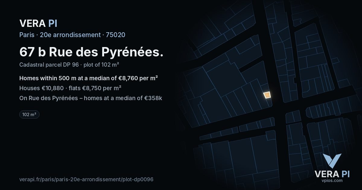 67 b Rue des Pyrénées, 20e arrondissement at night – the plot lit, the parcels around coloured by the prices near them