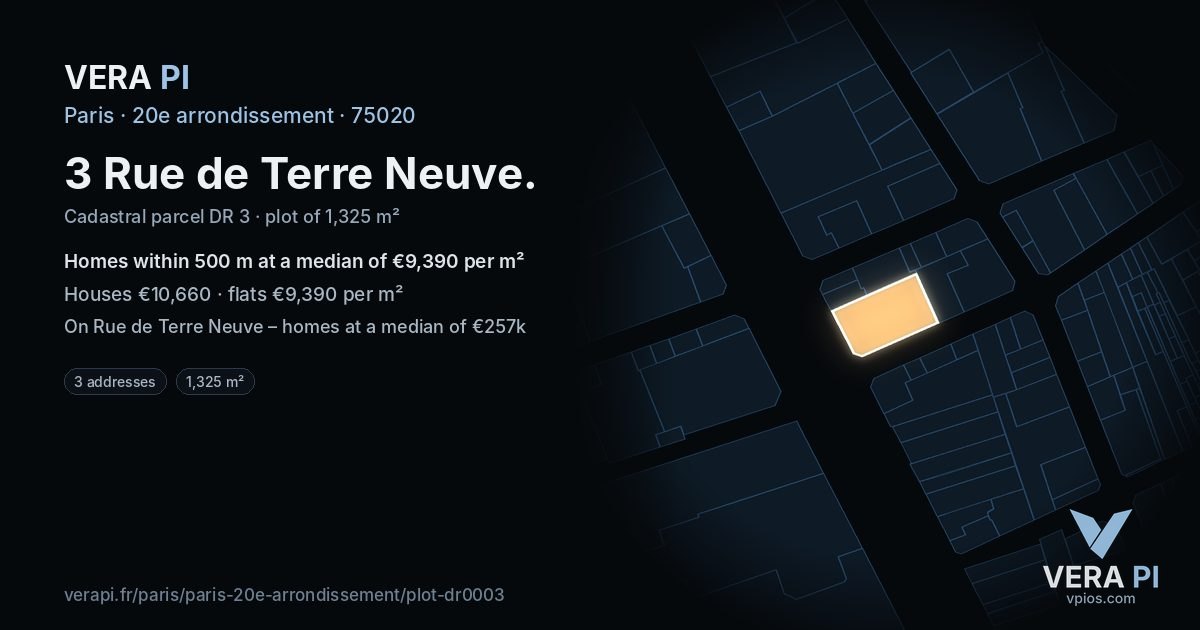 3 Rue de Terre Neuve, 20e arrondissement at night – the plot lit, the parcels around coloured by the prices near them