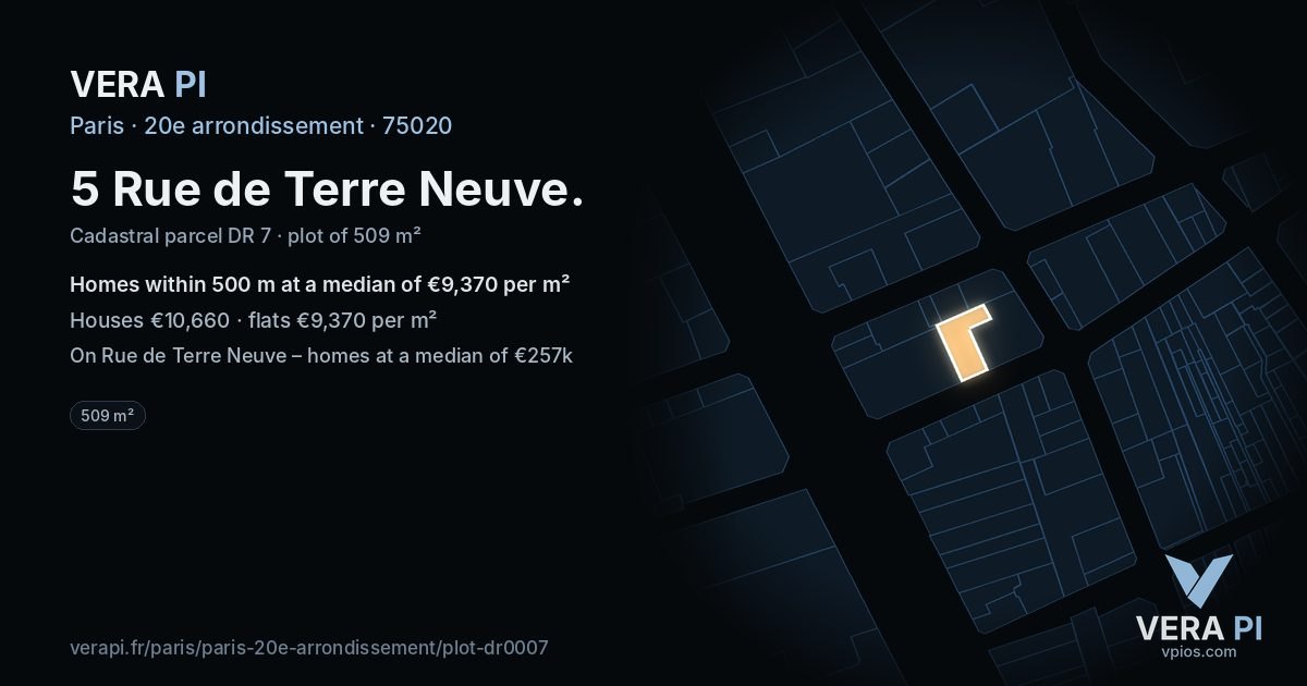 5 Rue de Terre Neuve, 20e arrondissement at night – the plot lit, the parcels around coloured by the prices near them