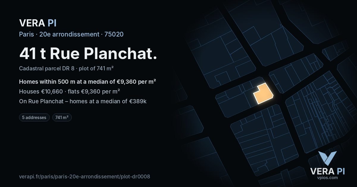 41 t Rue Planchat, 20e arrondissement at night – the plot lit, the parcels around coloured by the prices near them