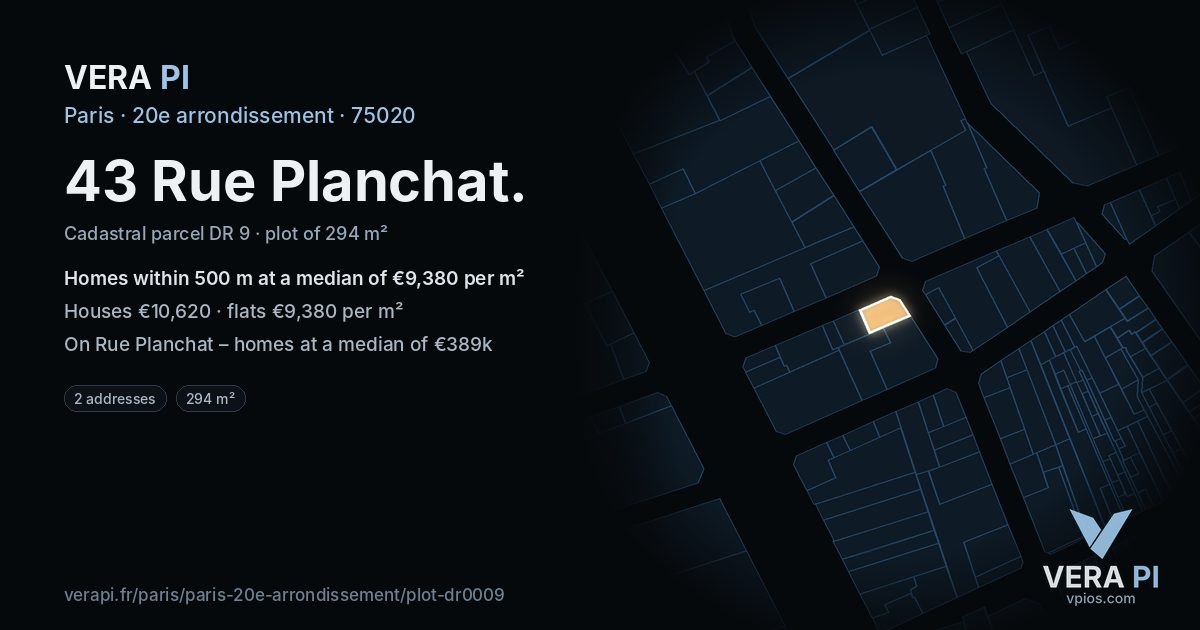43 Rue Planchat, 20e arrondissement at night – the plot lit, the parcels around coloured by the prices near them